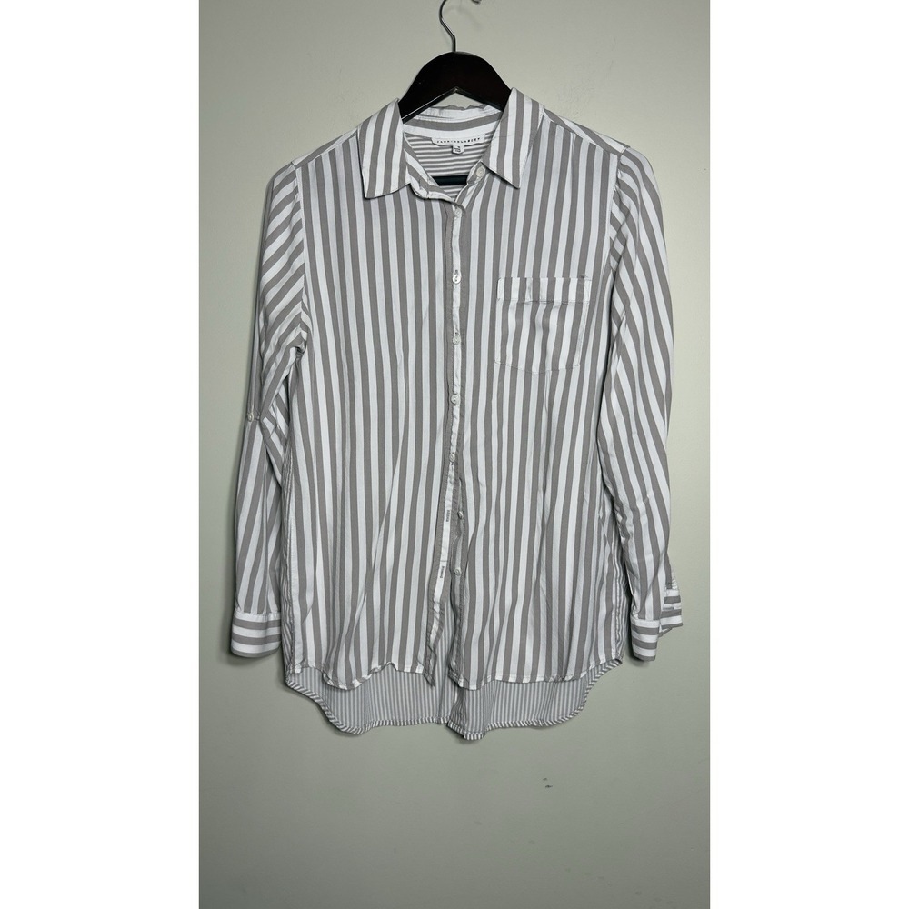 Jane+Delancey Striped Button Up Blouse M Roll Tab Gray White Boyfriend Coastal